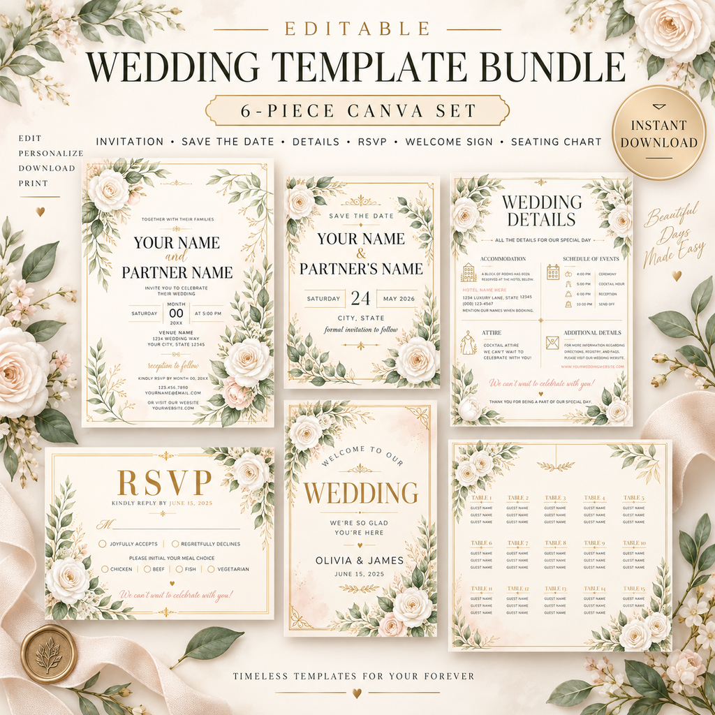 Elegant White Floral Botanical Wedding Stationery Suite – Editable Can ...