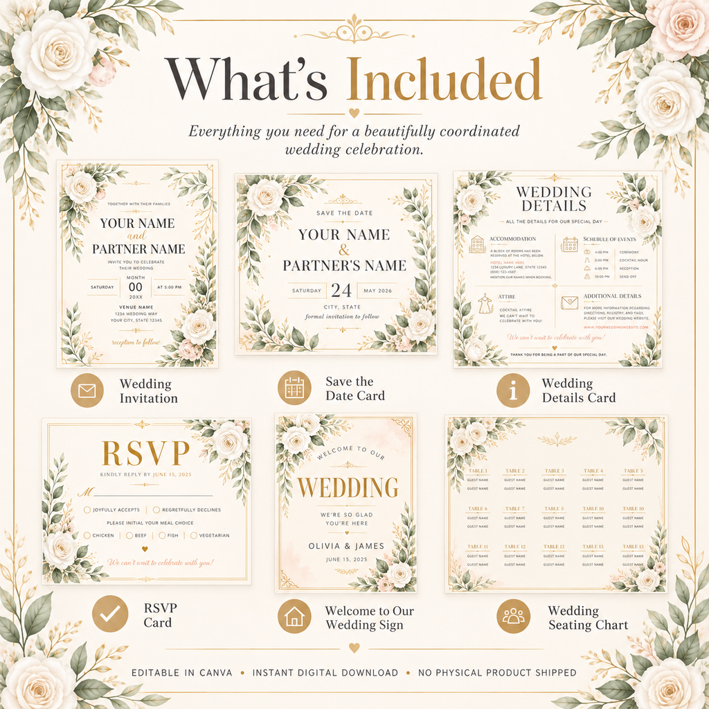 Elegant White Floral Botanical Wedding Stationery Suite – Editable Can ...