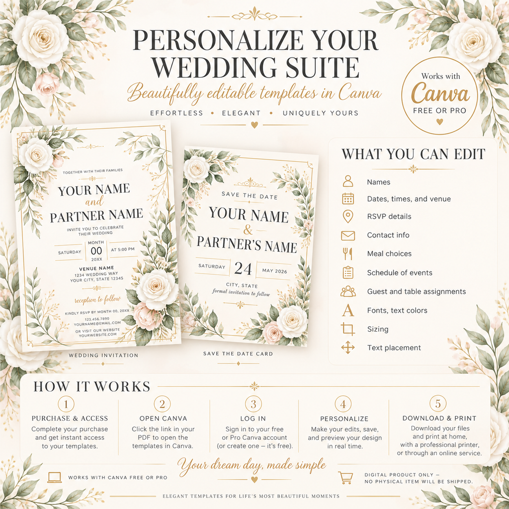 Elegant White Floral Botanical Wedding Stationery Suite – Editable Can ...