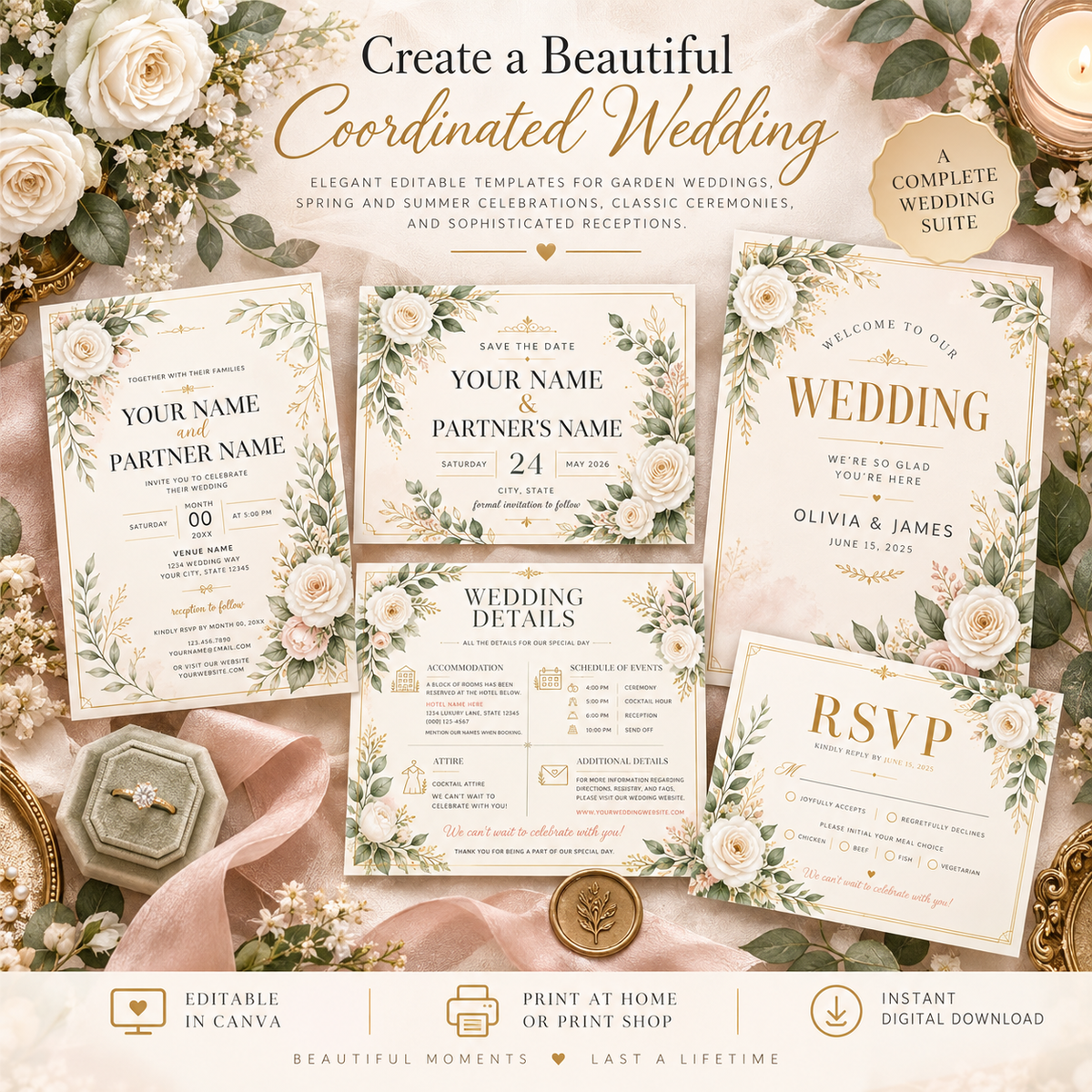 Elegant White Floral Botanical Wedding Stationery Suite – Editable Can ...